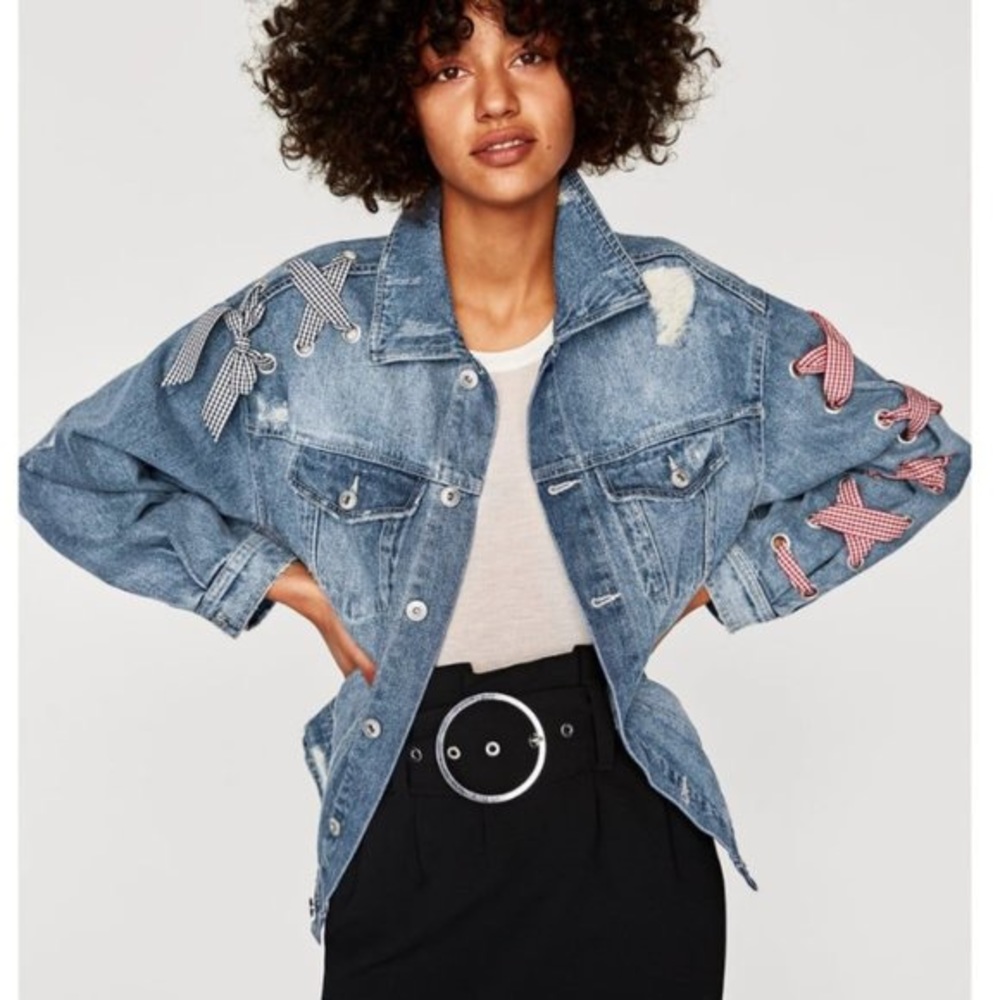 Zara Blue Oversized Denim Jacket with Gingham Ribbon Detail